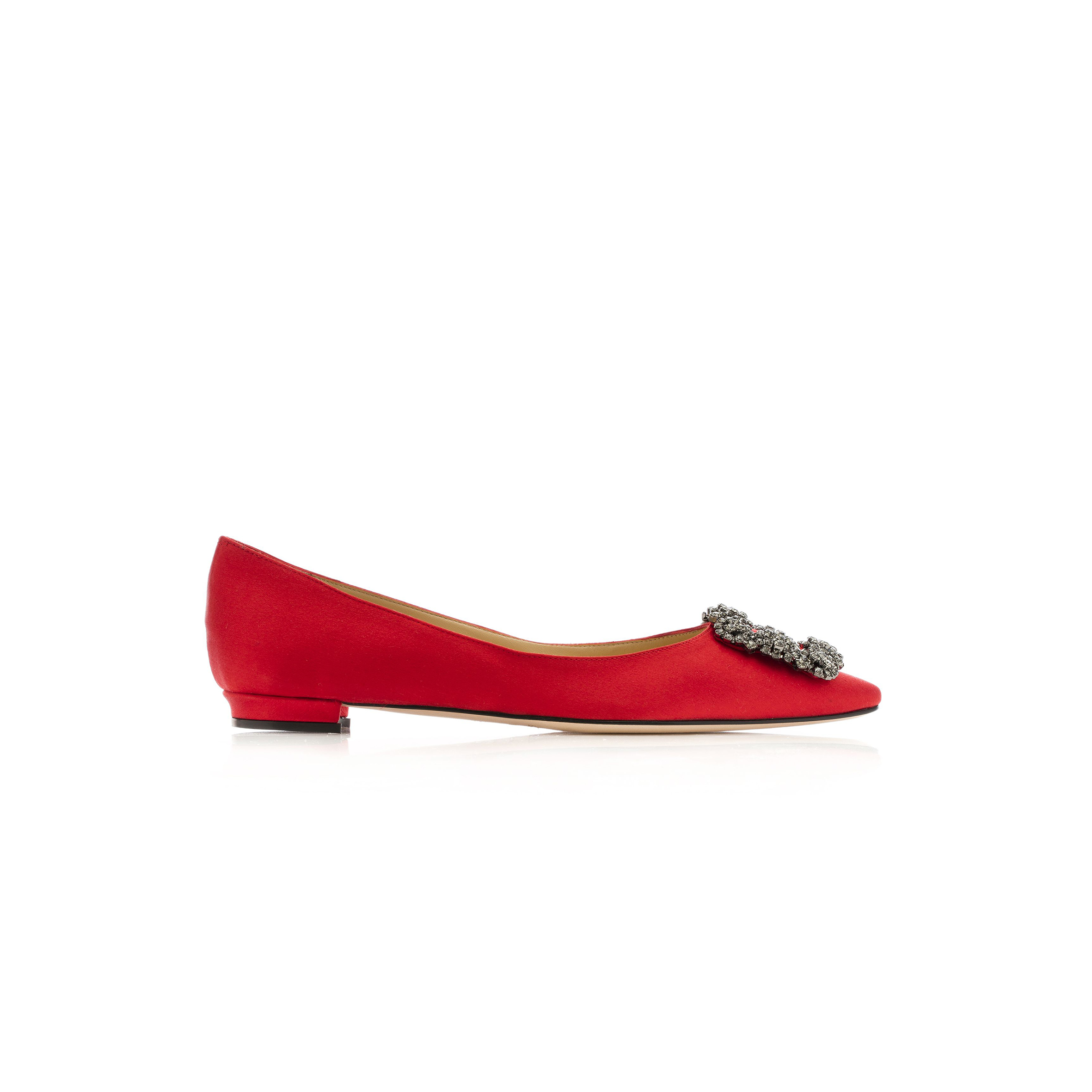 MANOLO BLAHNIK HANGISIFLAT RED SATIN JEWEL BUCKLE FLAT PUMPS 9XX-0348-0052
